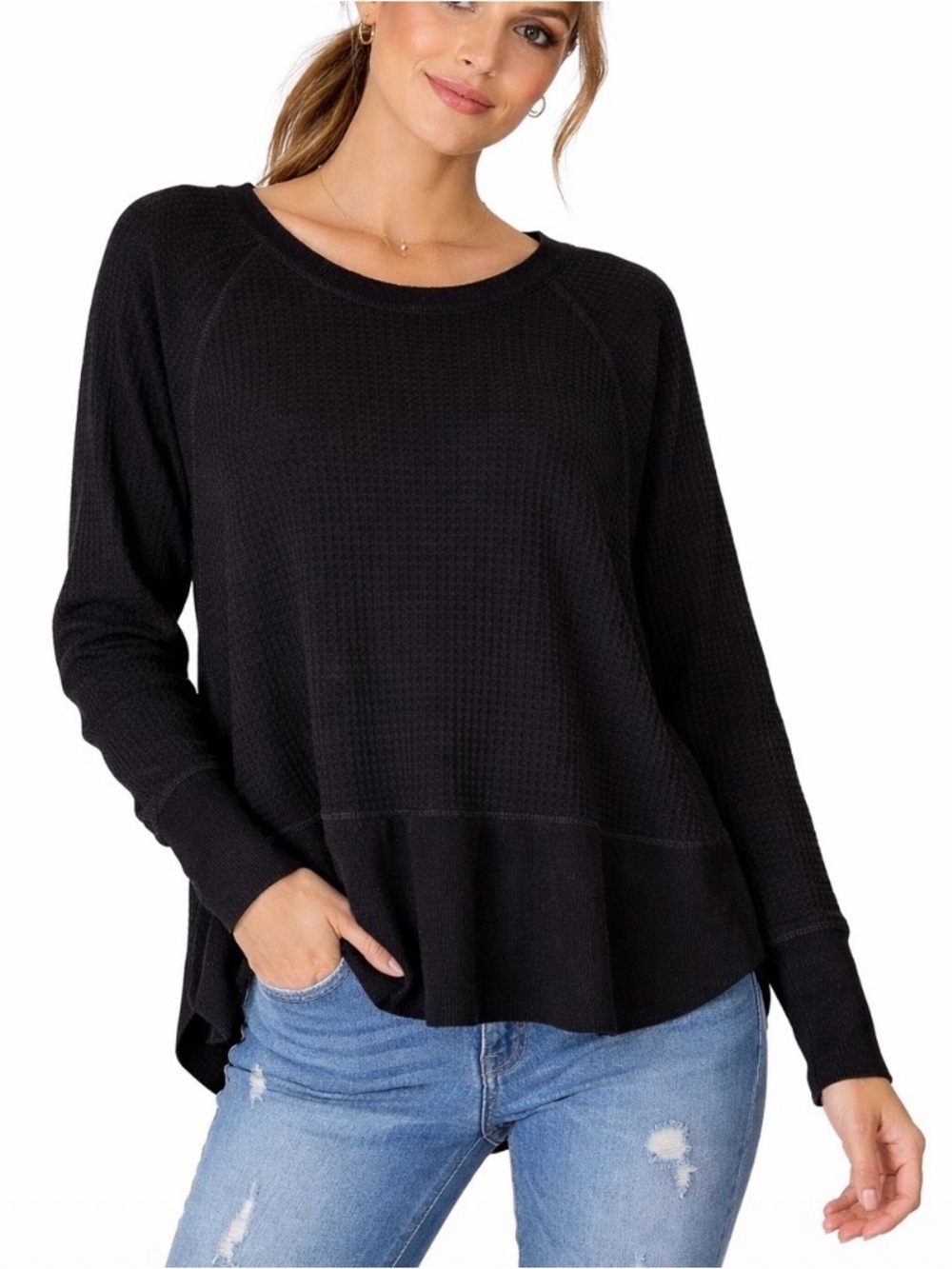 Lazy Sunday's top waffle knit thermal top casual comfort lounge SZ SM
